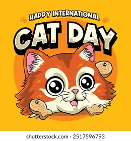 International Cat Day funny vector hand drawn cartoon illustration for sticker, badge, patch, banner, greeting card, invitation