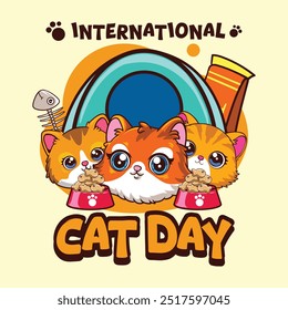 International Cat Day funny vector hand drawn cartoon illustration for sticker, badge, patch, banner, greeting card, invitation