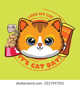 International Cat Day funny vector hand drawn cartoon illustration for sticker, badge, patch, banner, greeting card, invitation