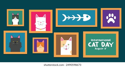 International Cat Day.  Great for cards, banners, posters, social media and more. Dark green background.
