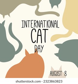 international cat day. Greeting card. Silhouettes of cats and inscription. Happy animals Print to greeting card, poster, flyer Vector illustration