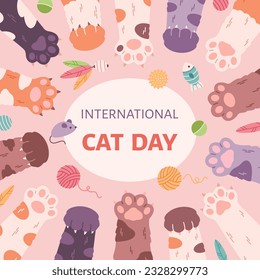 International Cat Day greeting card. Cute cats paws and cats toys. Vector illustration in flat style
