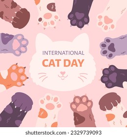 Tarjeta de felicitación del Día Internacional del Gato. Patas de gatos. Ilustración vectorial en estilo plano