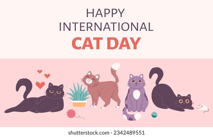 International Cat Day greeting card. Cute cat characters. Vector illustration in flat style