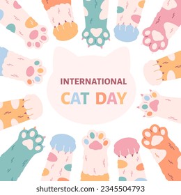 Tarjeta de felicitación del Día Internacional del Gato. Perlas coloridas de gatos. Ilustración vectorial en estilo plano