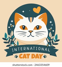  International Cat Day greeting card, banner with template text vector illustration. A card dedicated to International Cat Day or August 8 with white cat and lettering on a pastel background.