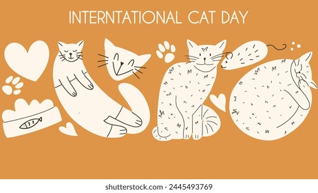 Día Internacional del Gato dibuja a mano el fondo del Vector. Gatos del mundo divertido. Celebración del 8 de agosto. Ilustración vectorial