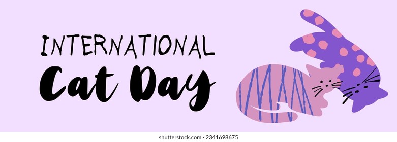 International Cat Day horizontal illustration design with textured cute cats in pink violet color