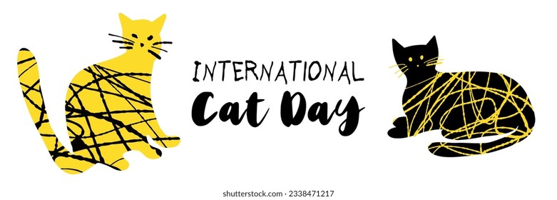 International Cat Day illustration with textured cute cats in black yellow color