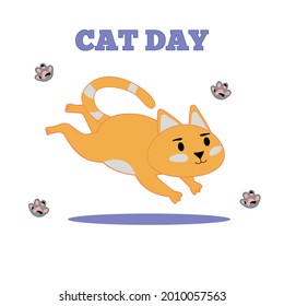 International cat day. Cat jumping. Flat vector illustration