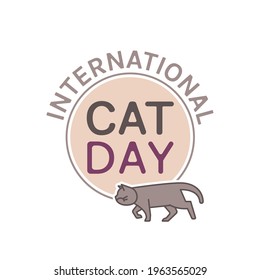 International cat day logo. Celebration of cats. Adopt and rescue domestic animals. Nonprofit organization. Editable vector illustration in outlined style isolated on a white background. 