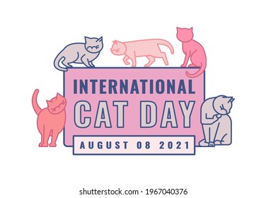 International cat day logo. Celebration of cats. Adopt and rescue domestic animals. Nonprofit organization. Editable vector illustration in outlined style isolated on a white background.
