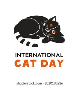 International Cat Day minimal flat color vector. Cute black kitten cartoon design element illustration. Domestic pet world holiday celebration typography poster background. Happy Cat day greeting card