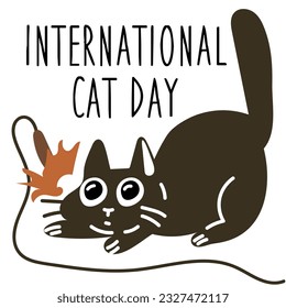 International Cat Day on August 8. Abstract charismatic funny cat is playing with a toy. A postcard, a banner, a flyer for a holiday in the flat style. Poster of the Day of cats, pets