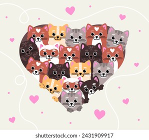 Afiche del Día Internacional del Gato. Gatitos coloridos de diferentes razas. Amor y cuidado de las mascotas y los animales domésticos. Fiesta y festival 8 de agosto. Ilustración de vector plano de dibujos animados