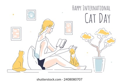 Afiche del Día Internacional del gato. Mujer con libro cerca del gatito. Amor por los animales domésticos y las mascotas. Festividad internacional y festival de conciencia. Plantilla y diseño. Ilustración lineal vectorial