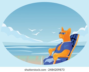 
International Cat Day, a red cat sits in a chair on the seashore and looks into the distance, a request for Cat Day