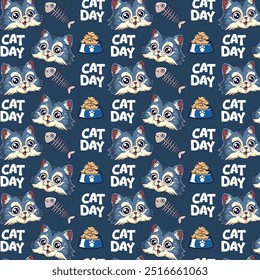 International Cat Day Seamless Pattern in cartoon vector illustration design