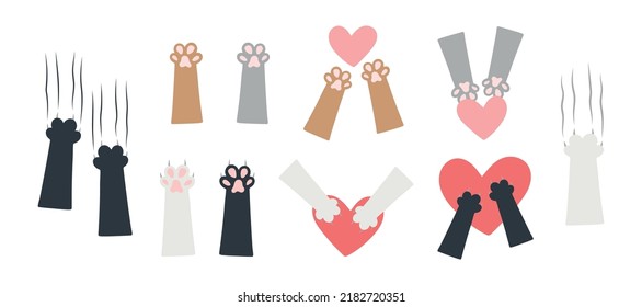 International Cat Day set. Cute icons, cat paws with scratches and a heart, kitten paws can be used for homeless animal shelters, pet stores and veterinary clinics. Feline signs and symbols, cat love.