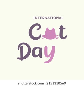 International Cat Day. Cat silhouette illustration, cute typography, handwritten for print, social media, banner, poster. Pink color.