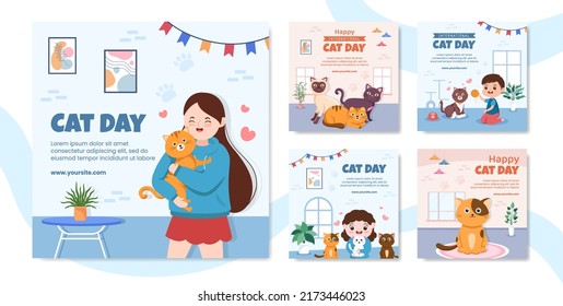 International Cat Day Social Media Post Template Flat Cartoon Background Vector Illustration