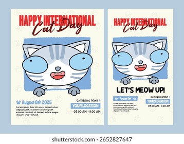 International Cat Day Social Media Template with Cute Blue Tabby Cat Character