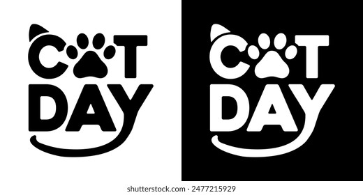 Ilustración de tipografía en blanco y negro del Vector del Día Internacional del Gato para la impresión del póster, postal, Anuncio, logotipo, signo, etiqueta engomada, blog