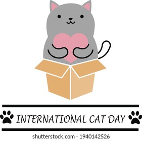 Internationaler Cat Day Vektor mit brauner Box, rosafarbenem Herzen, Pfoten und rechteckiger Form. Bearbeitbar in EPS10.