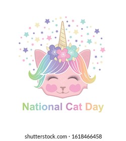 International Cat Day vector card, illustration with cute cartoon style cat with horn and flowers.
