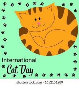 International Cat Day vector card, illustration with lovely cartoon style kitten. Cartoon invitation on light backdrop. Beautiful abstract illustration with cat. Holiday greeting card with kitten