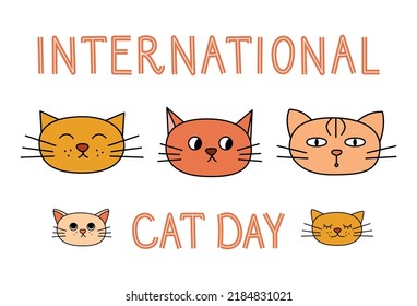 International Cat day vector card design. Isolated cat heads and handwritten letters on white background