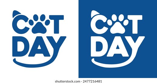 International Cat Day vector dark blue and white typography illustration for poster print, postcard, banner, logo, sign, sticker, blog