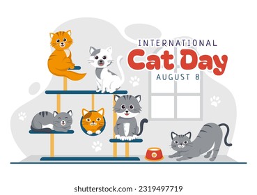 International Cat Day Vector Illustration on August 8 with Cats Animals Love Celebration in Flat Cartoon Hand Drawn Background Templates