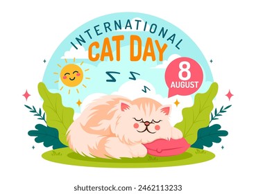 Ilustración vectorial del Día Internacional del Gato el 8 de agosto con gatos animales de la celebración del amor en diseño plano del fondo de la historieta