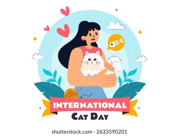 International Cat Day Vector Illustration on August 8, Featuring a Celebration of Cats, Animal Love, and Companionship in a Flat Cartoon Background