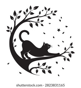 International Cat Day vector illustration of a black cat silhouette stretching on a curved circular tree branch with falling leaves, perfect for cat day wall art, tattoo designs, and pet awareness campaigns.
