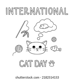 International Cat day vector lined postcard. Isolated linear cartoon cat dreaming about mouse toy on white background