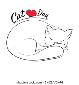 International Cat Day vector outline, sleeping cat stock illustration