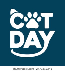 International Cat Day vector white with very dark blue background typography illustration for poster print, postcard, banner, logo, sign, sticker, blog