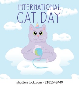 International cat day. Violet cat with corn sitting on the cloud in the blue sky with clew