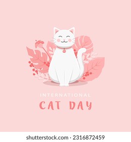 International cat day with white cat and leaves in pink colors. Vector illustration. Flat design style.