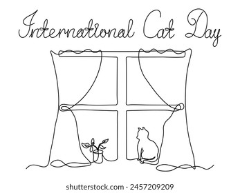 International Cat Day.Abstract cat, Logo, continuous single line art hand drawing sketch