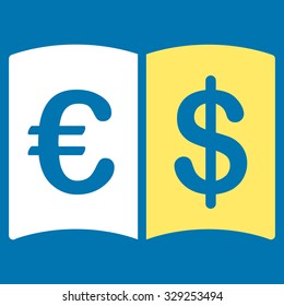 International Catalog vector icon. Style is bicolor flat symbol, yellow and white colors, rounded angles, blue background.