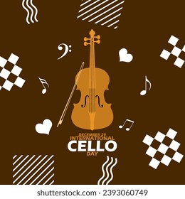 International Cello Day event banner. A stringed instrument called cello, with bold text and decoration elements on dark brown background to celebrate December 29th