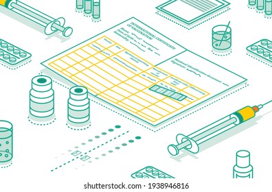 International Certificate of Vaccination - Coronavirus Covid-19. Isometric Outline Concept with Syringe and Vial of Vaccine. Vector Illustration. Border Control and Quarantine for Infected Tourists.