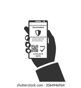 International Certificate of Vaccination Covid-2019. Valid Certificate. Digital passport vaccination. Vector illustration flat design. Isolated on background. Smartphone in hand. QR code on the screen
