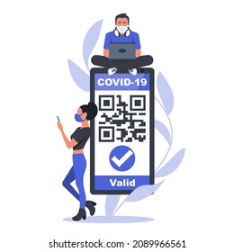 International Certificate of Vaccination Covid-2019. Valid Certificate. Digital passport vaccination. Vector illustration flat design. Smartphone and passport with tickets. QR code on the screen