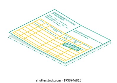 International Certificate of Vaccination Isolated on White - Coronavirus Covid-19. Isometric Outline Concept. Vector Illustration.