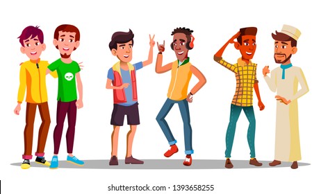 International Characters Buddies Meeting Vector. International Friends With Happy Faces Discussing, Laughing, Hugging And Dancing Together. Companionate Relation Flat Cartoon Illustration