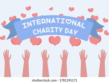 International Charity Day banner vector concept: Diverse helping hands   under International Charity Day banner with heart icons